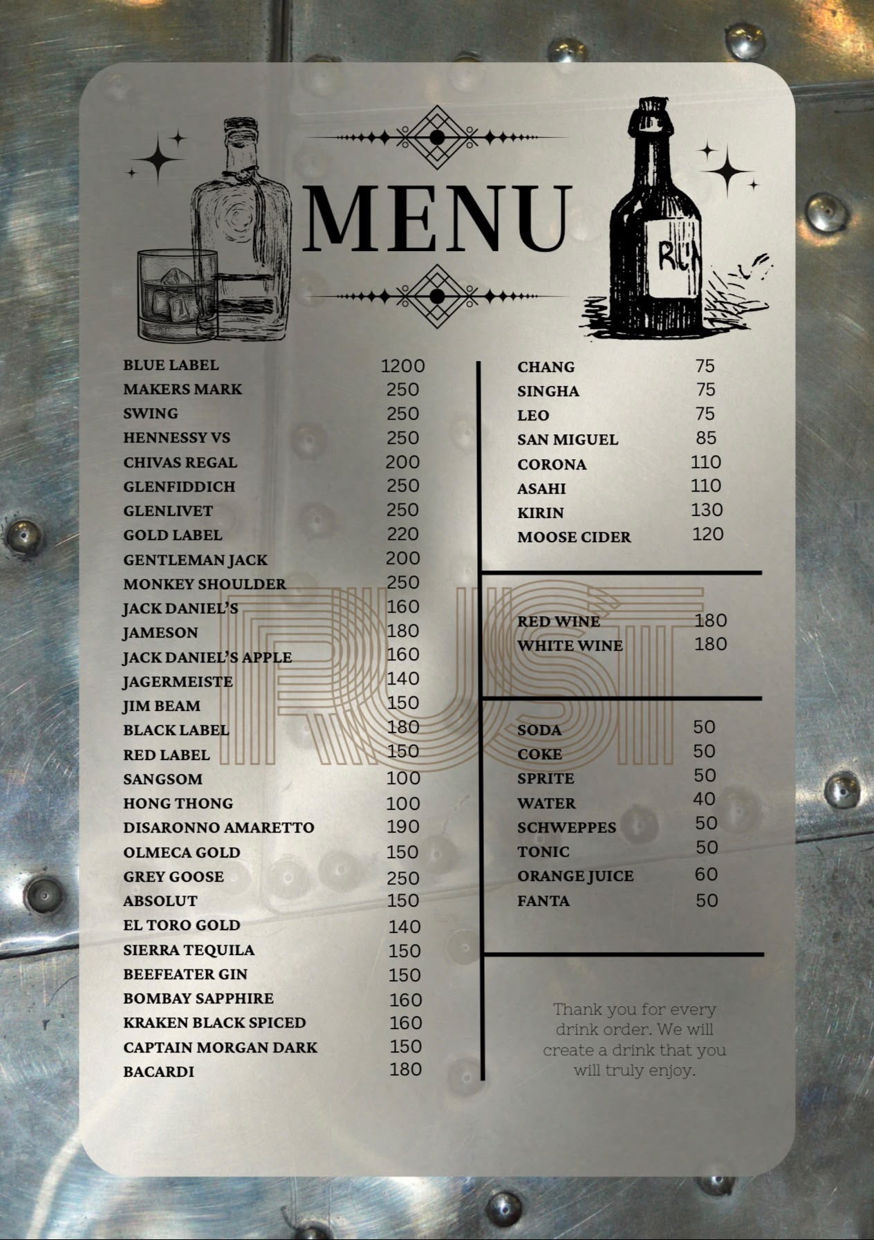 RUST drinks menu showing whiskey, gin, beer, wine and cocktail prices